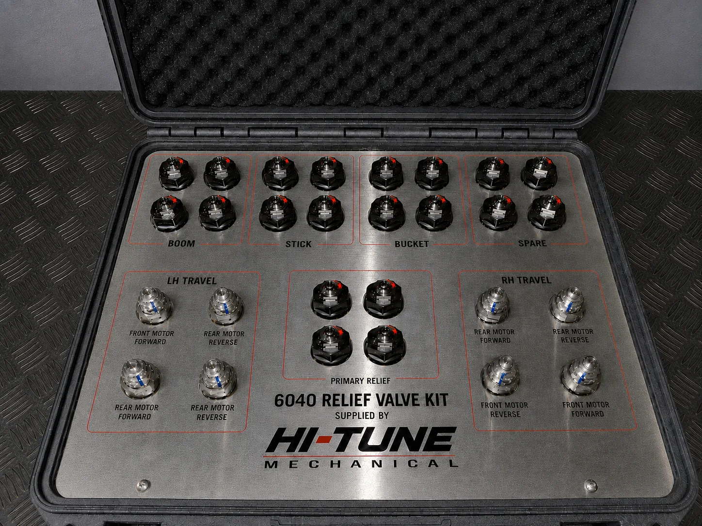 Hi-Tune Mechanical relief valve kit arranged in a labelled transport case